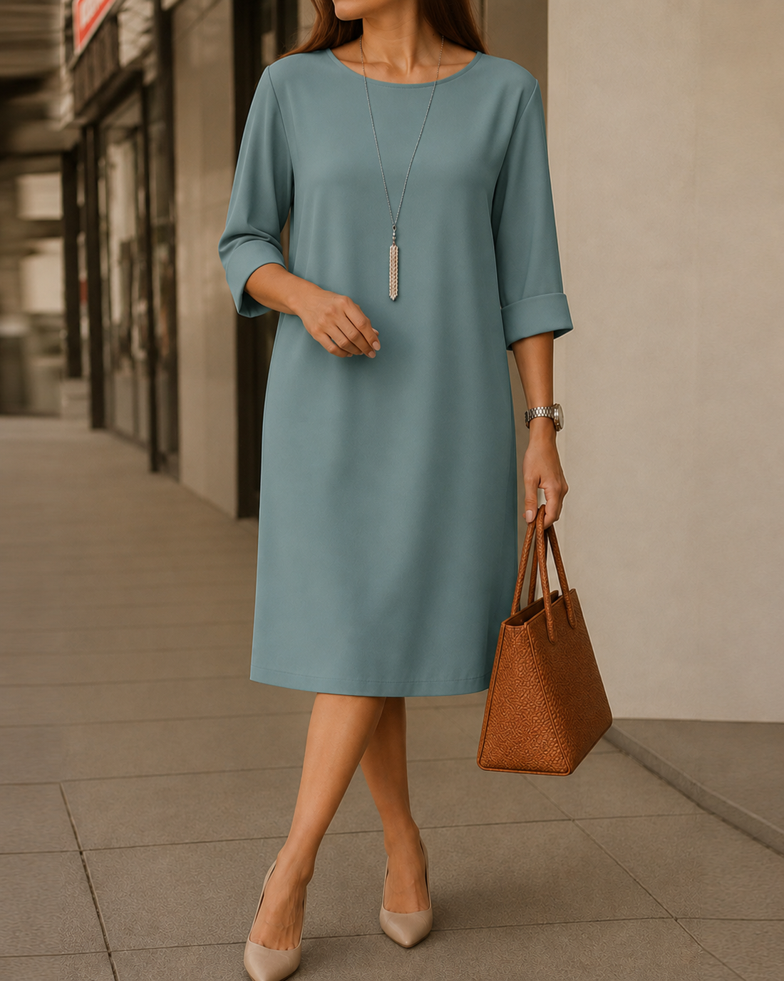 Juana: Vestido midi holgado con bolsillos en azul pavo real