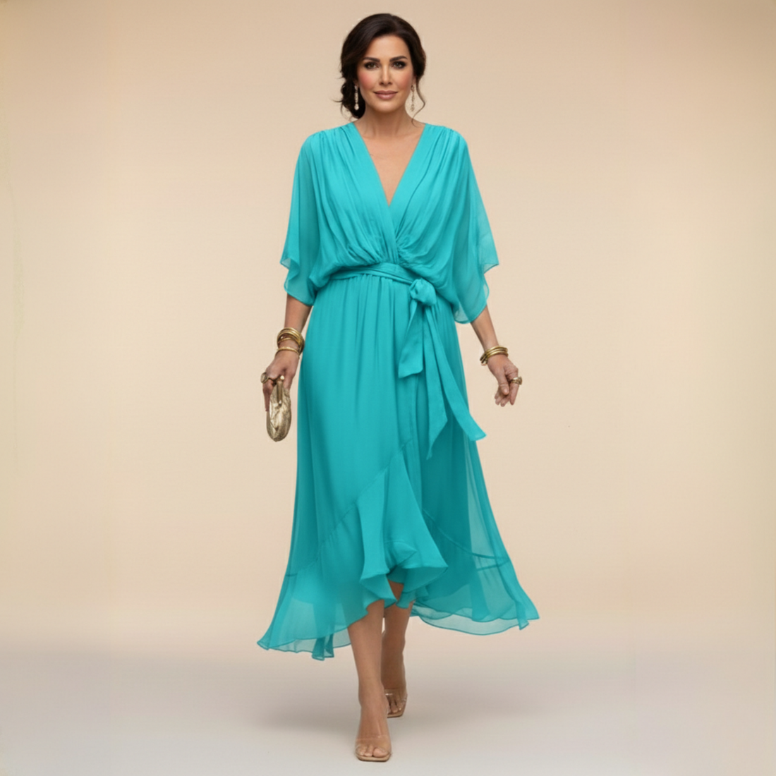 Aurora: Vestido midi fluido con escote en V y cintura ajustable en azul