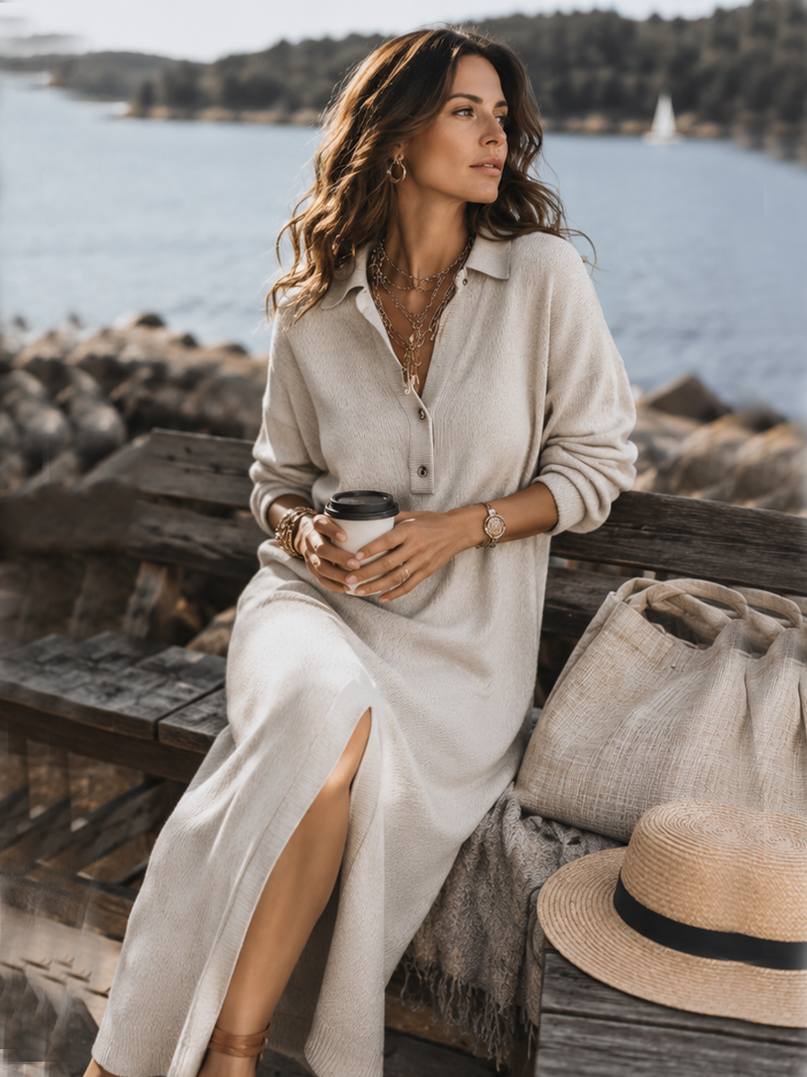 Vega: Vestido largo de punto con cuello y botones