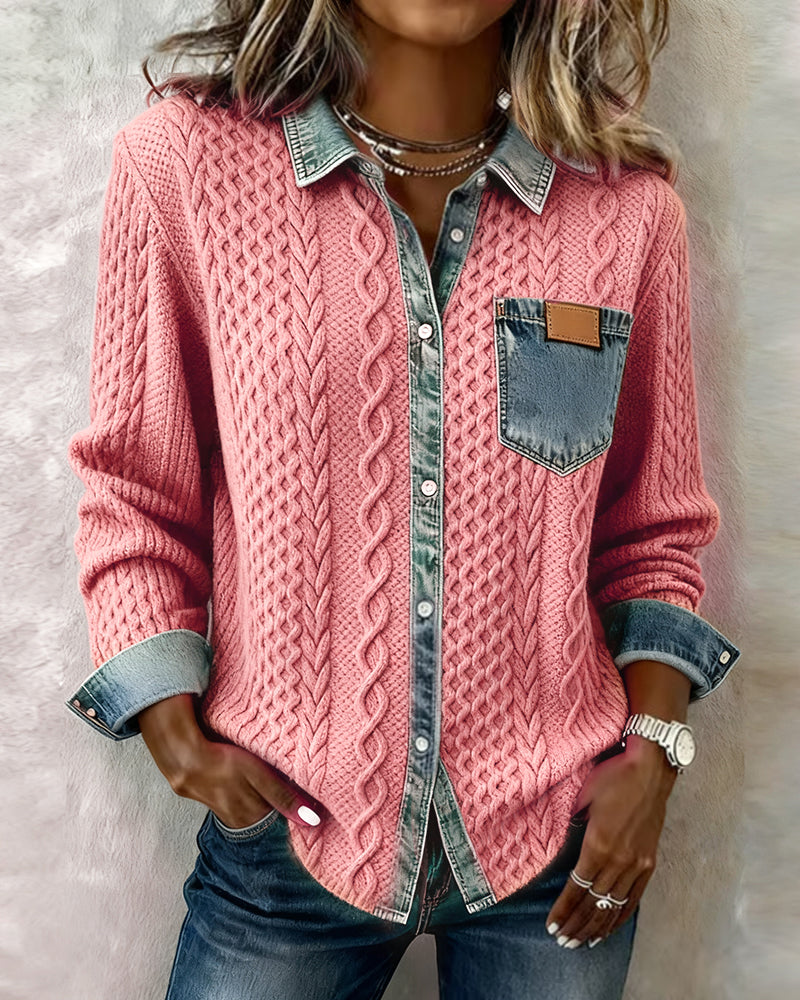 Eloísa: Camisa de punto con detalles vaqueros en rosa