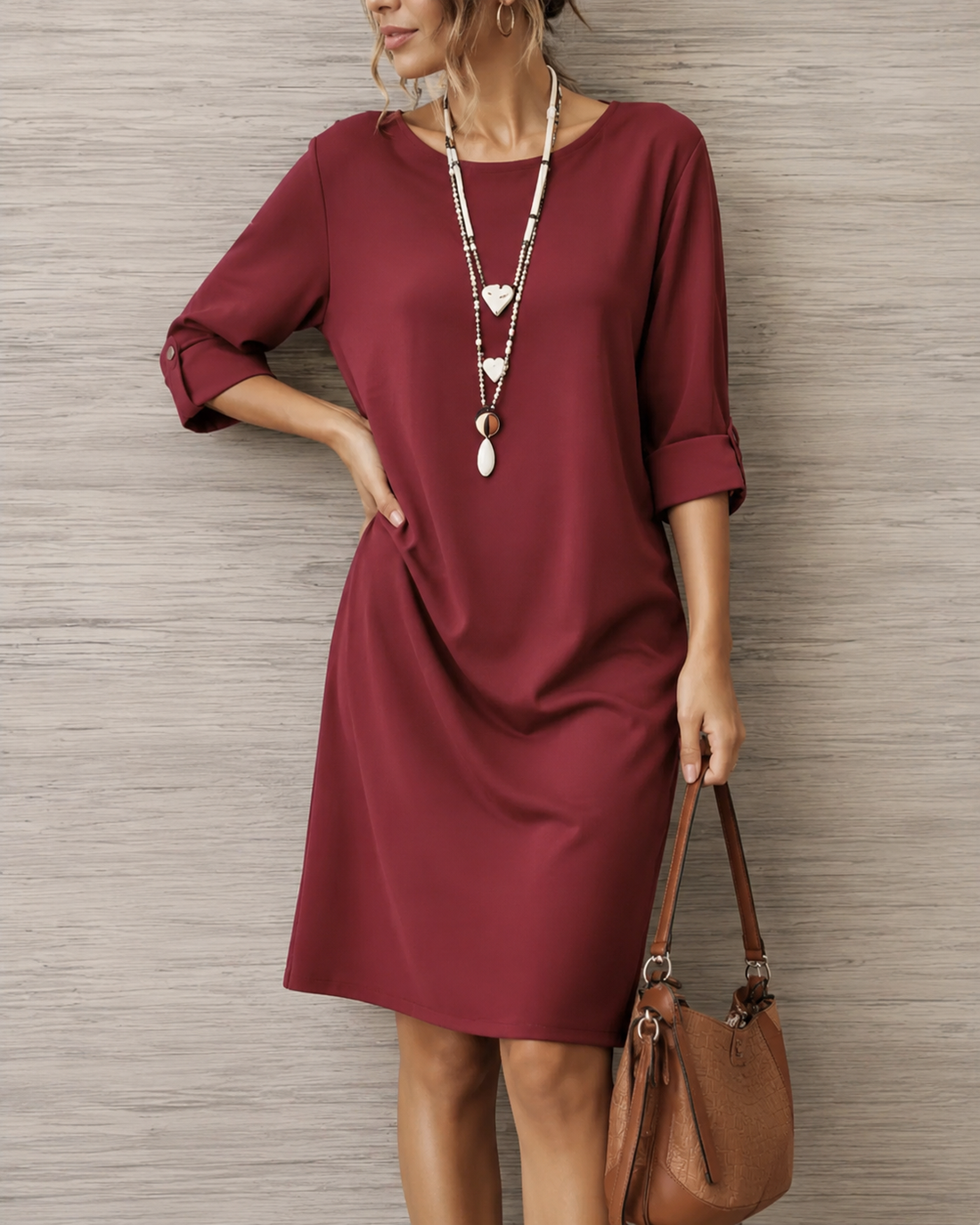 Juana: Vestido midi holgado con bolsillos en rojo vino