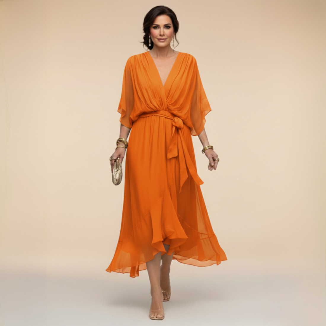Aurora: Vestido midi fluido con escote en V y cintura ajustable