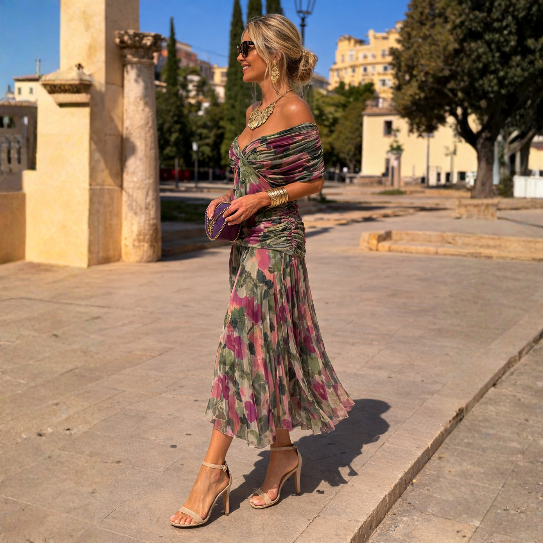 Micaela: Vestido maxi de hombros descubiertos