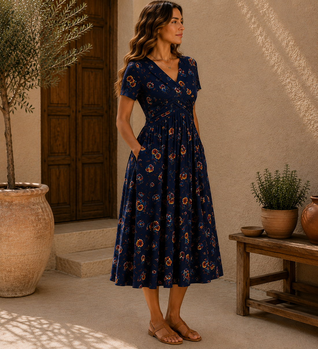 Leticia: Vestido midi floral con escote en V