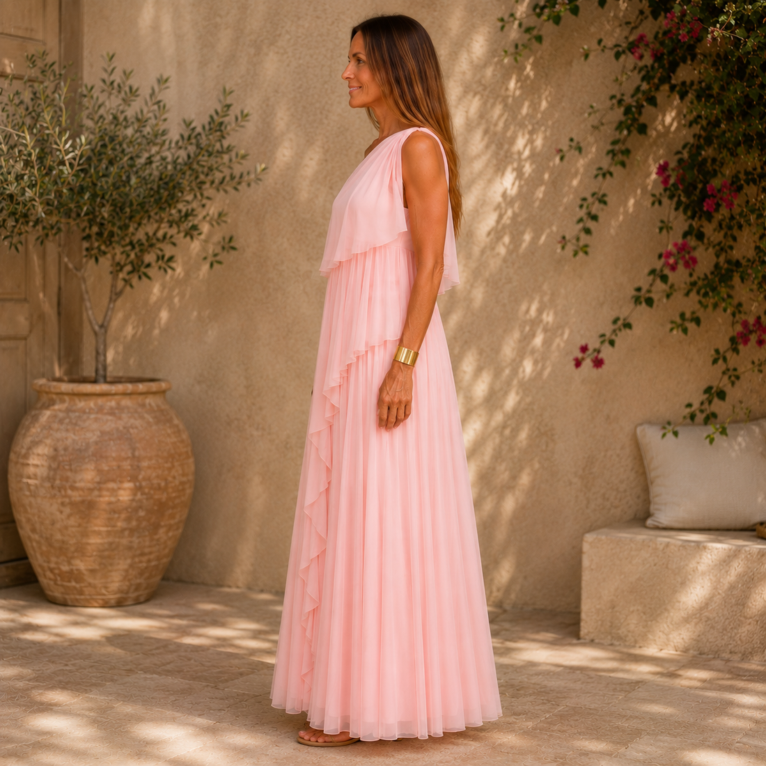 Almudena: Vestido largo plisado asimétrico