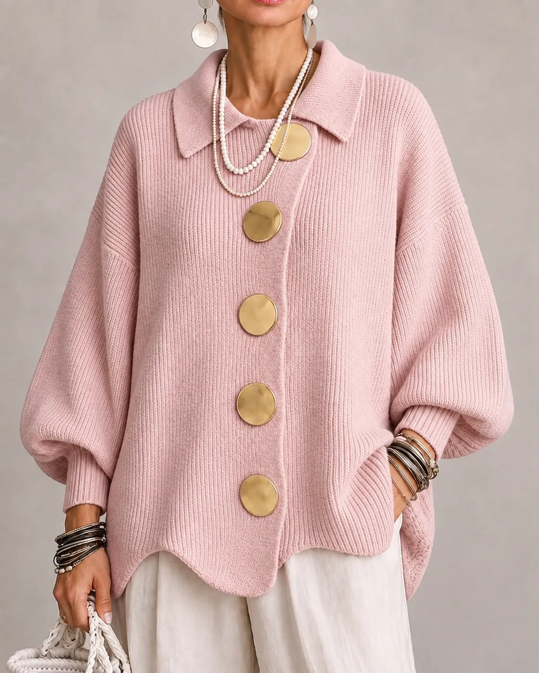Clara: Cárdigan oversize de punto con botones dorados en rosa