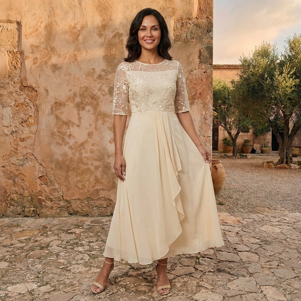 Lola: Vestido de gasa con cuerpo de encaje en crema