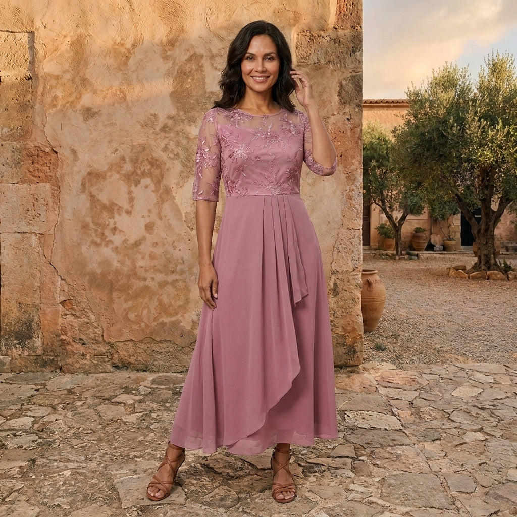 Lola: Vestido de gasa con cuerpo de encaje en rosa