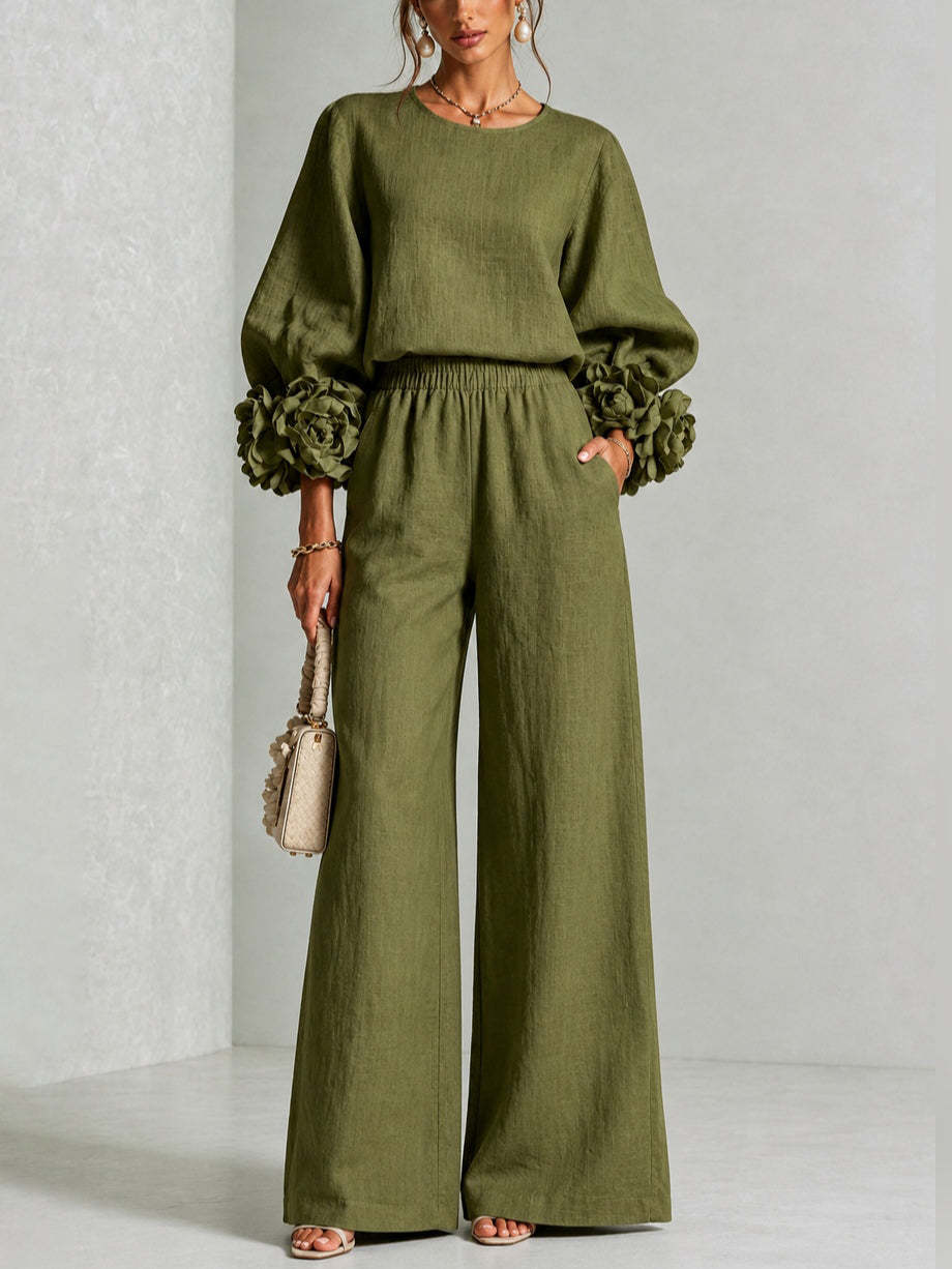 Araceli: Conjunto de dos piezas con puños florales en verde