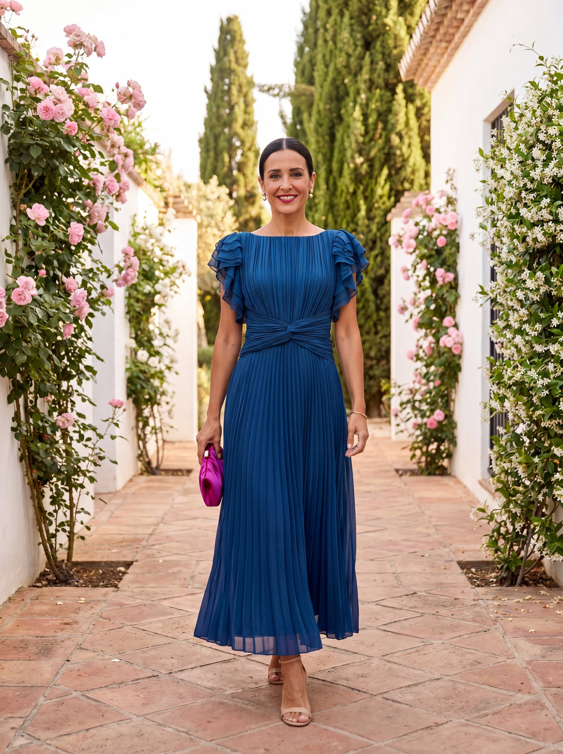 Vestido maxi plisado Paloma en azul