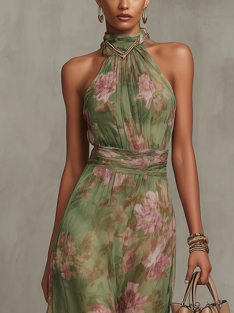 Lidia: Vestido maxi halter con estampado floral