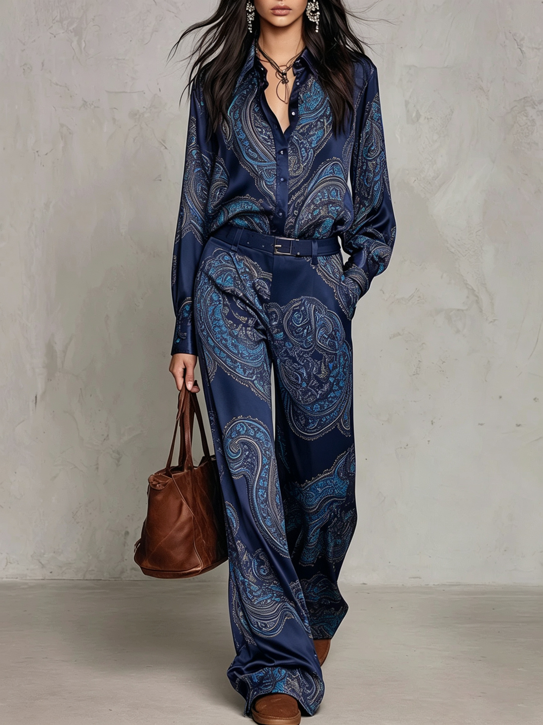Camila: Conjunto de camisa satinada estampada y pantalón ancho en azul marino