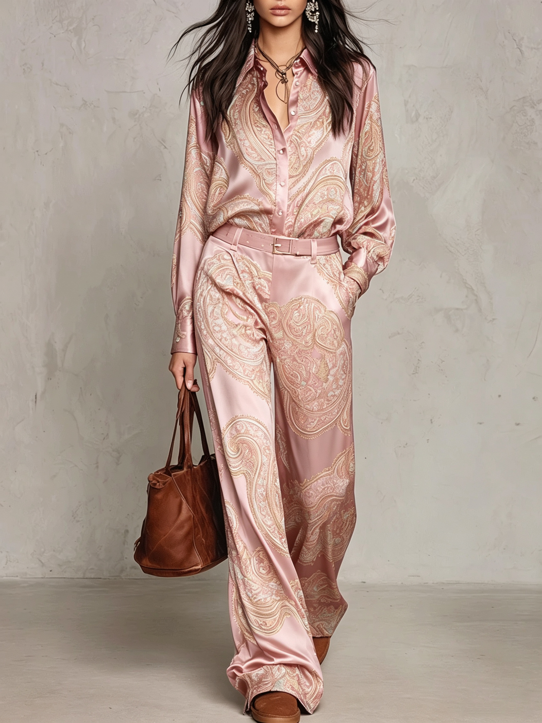 Camila: Conjunto de camisa satinada estampada y pantalón ancho en rosa