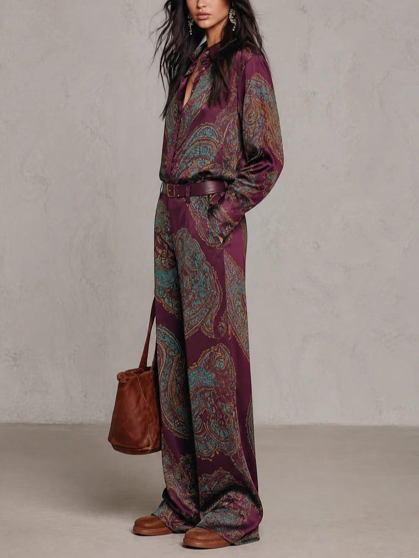 Camila: Conjunto de camisa satinada estampada y pantalón ancho