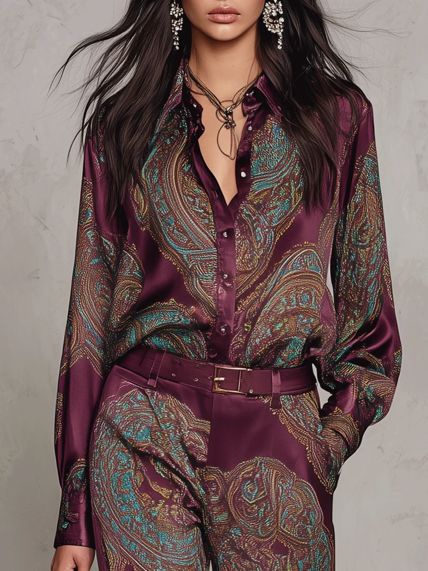 Camila: Conjunto de camisa satinada estampada y pantalón ancho
