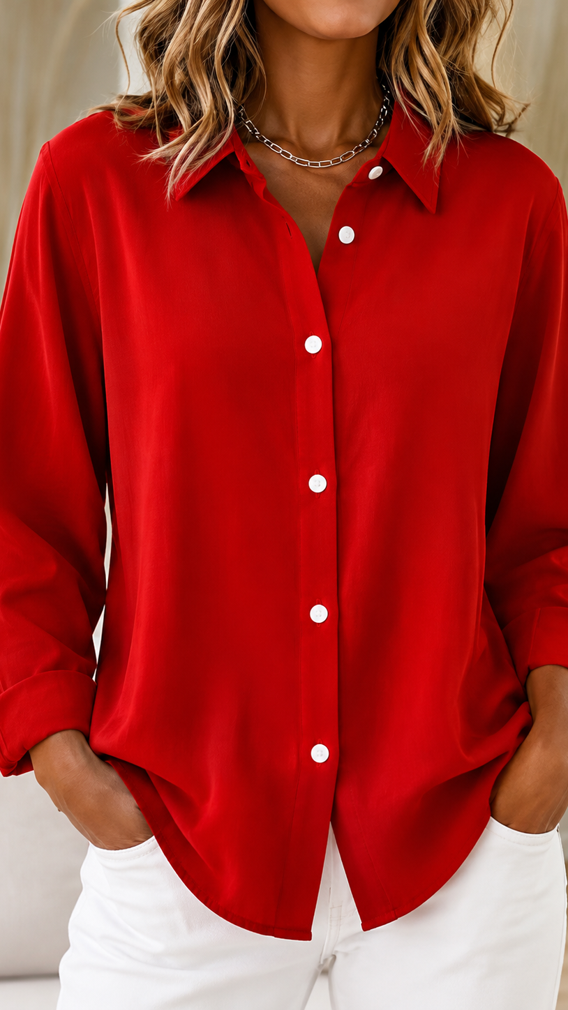 Helena: Blusa abotonada con cuello camisero en rojo