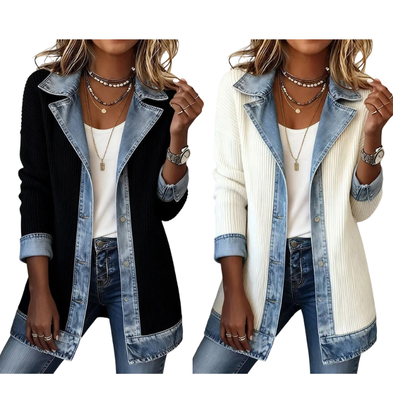 Susana: Chaqueta de punto acanalado con detalles vaqueros
