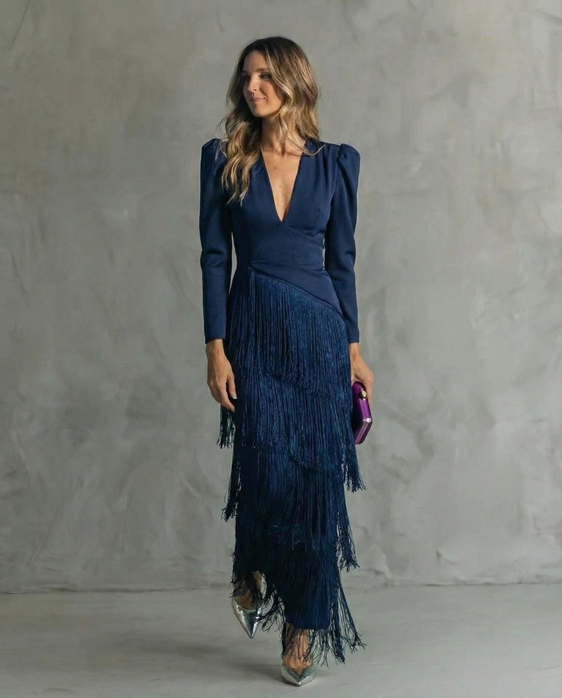 Estela: Vestido midi con flecos en capas en azul
