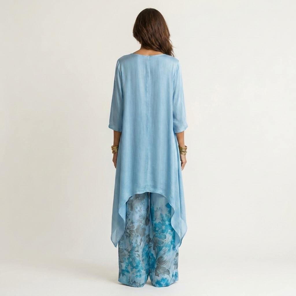 Carlota: Conjunto de túnica asimétrica y pantalón estampado