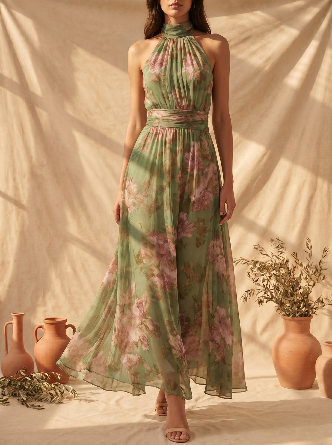 Lidia: Vestido maxi halter con estampado floral