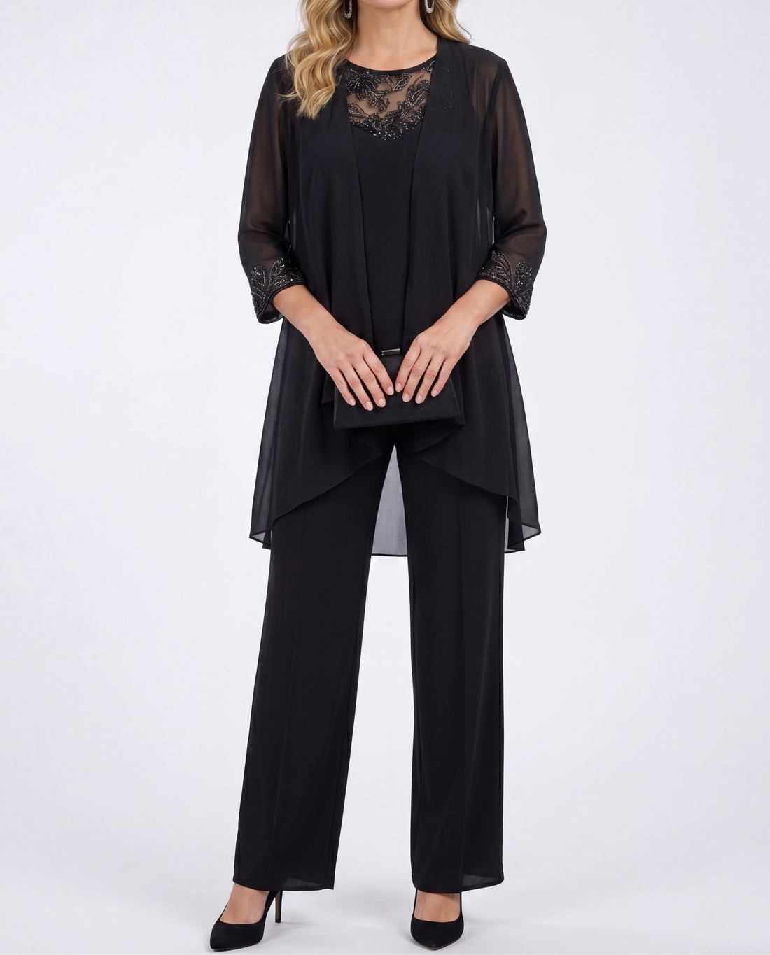 Jimena: Conjunto de chaqueta fluida y pantalón palazzo en negro
