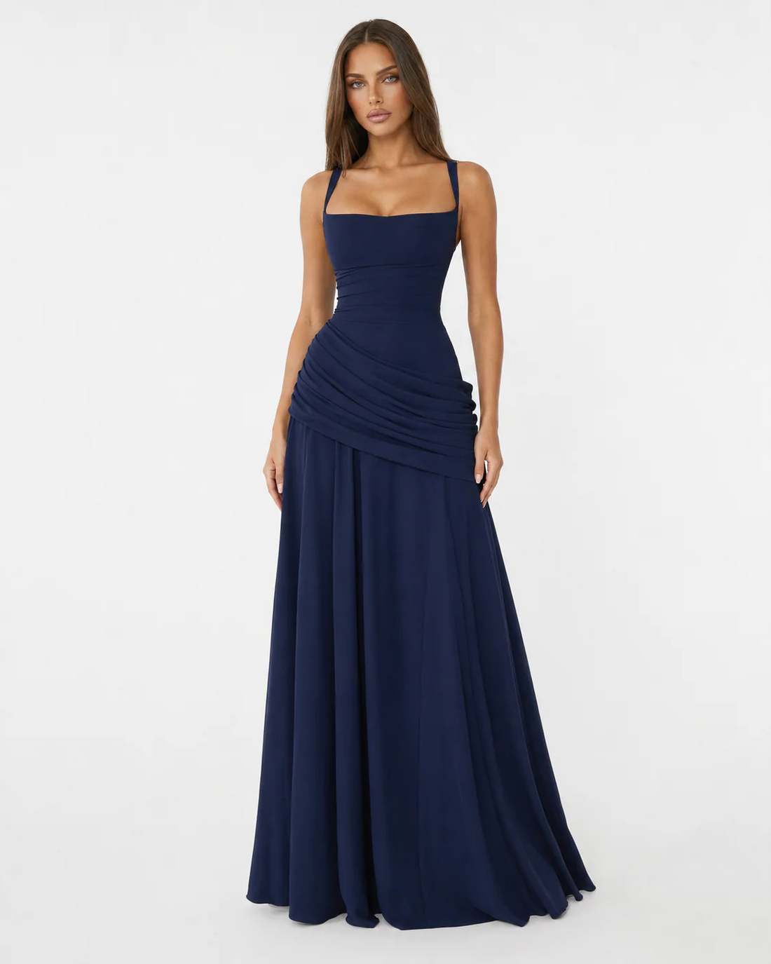 Eva: Vestido largo con escote cuadrado fruncido en azul marino