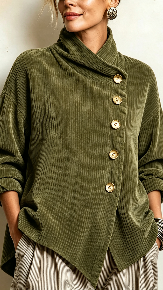 Tatiana: Jersey de pana con cuello abotonado en verde oscuro