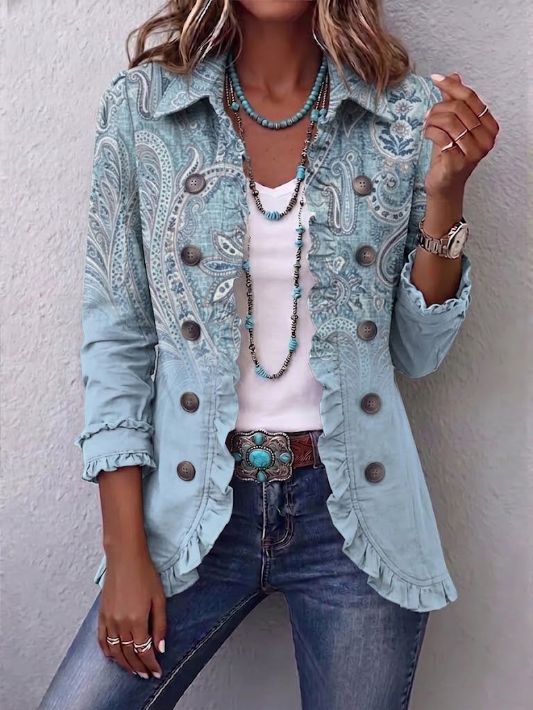 Consuelo: Chaqueta vintage con estampado de cachemir y volantes en azul cielo