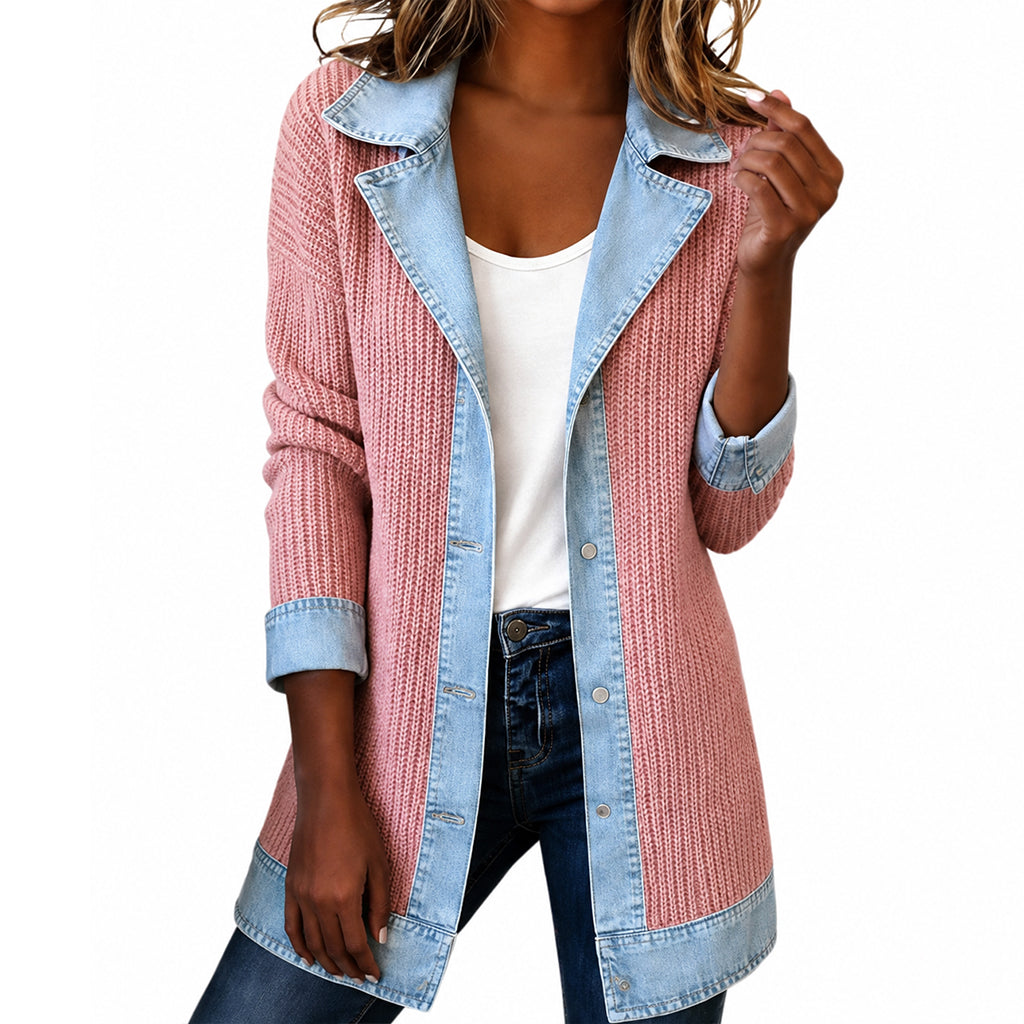 Susana: Chaqueta de punto acanalado con detalles vaqueros en rosa