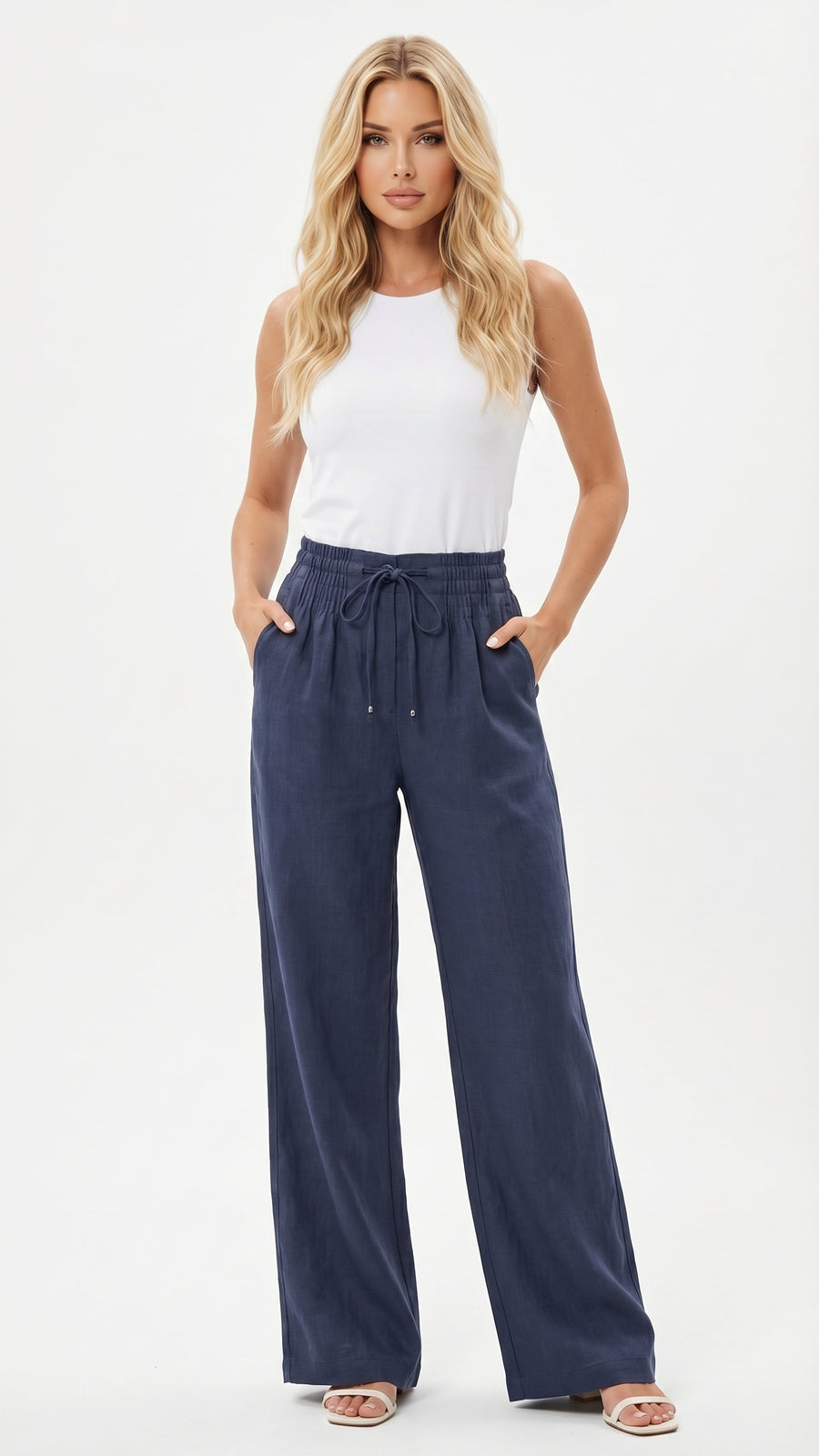 Ofelia: Pantalón ancho con cintura de nido de abeja en azul oscuro