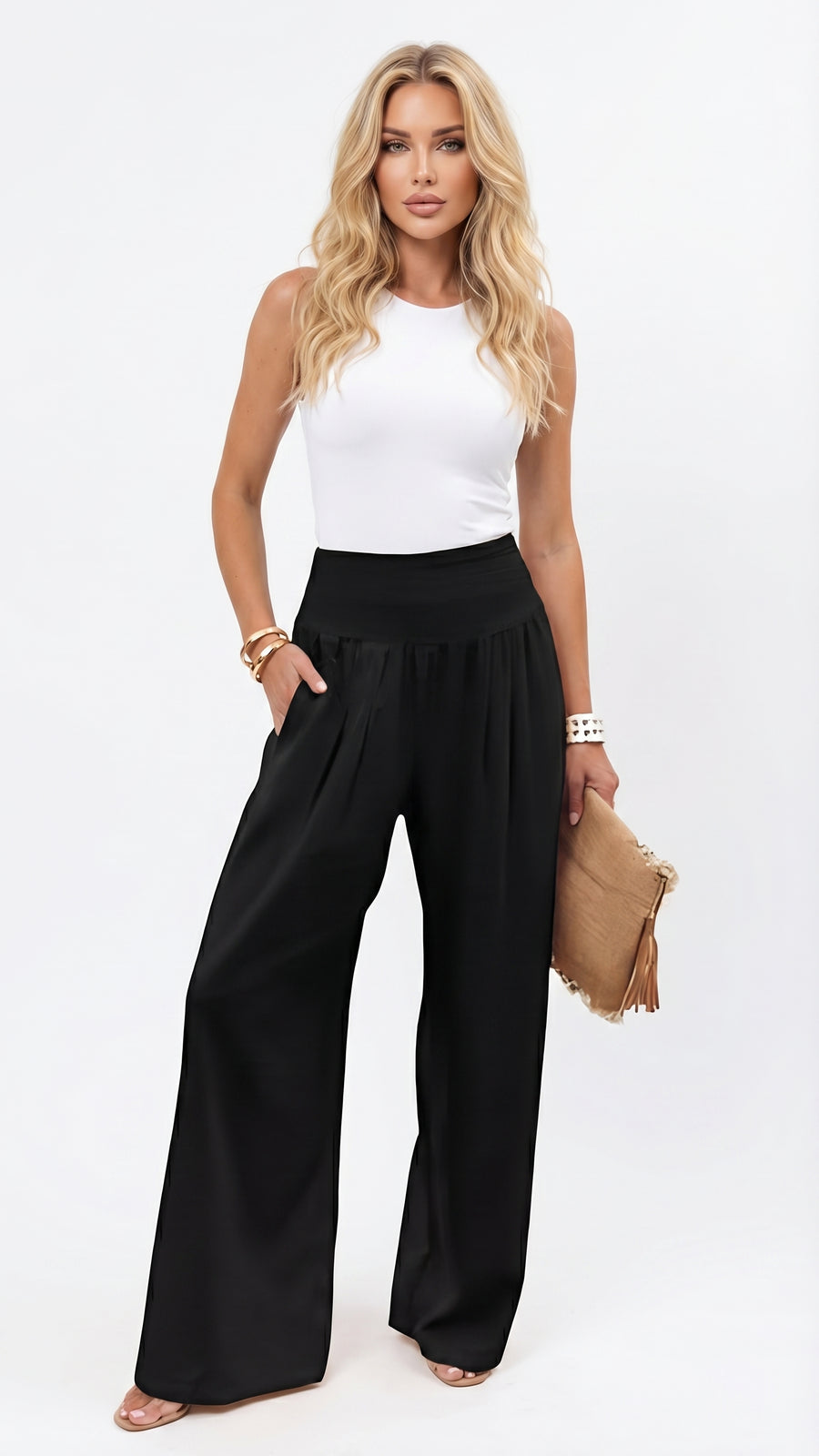 Priscila: Pantalón palazzo con cintura de nido de abeja en negro