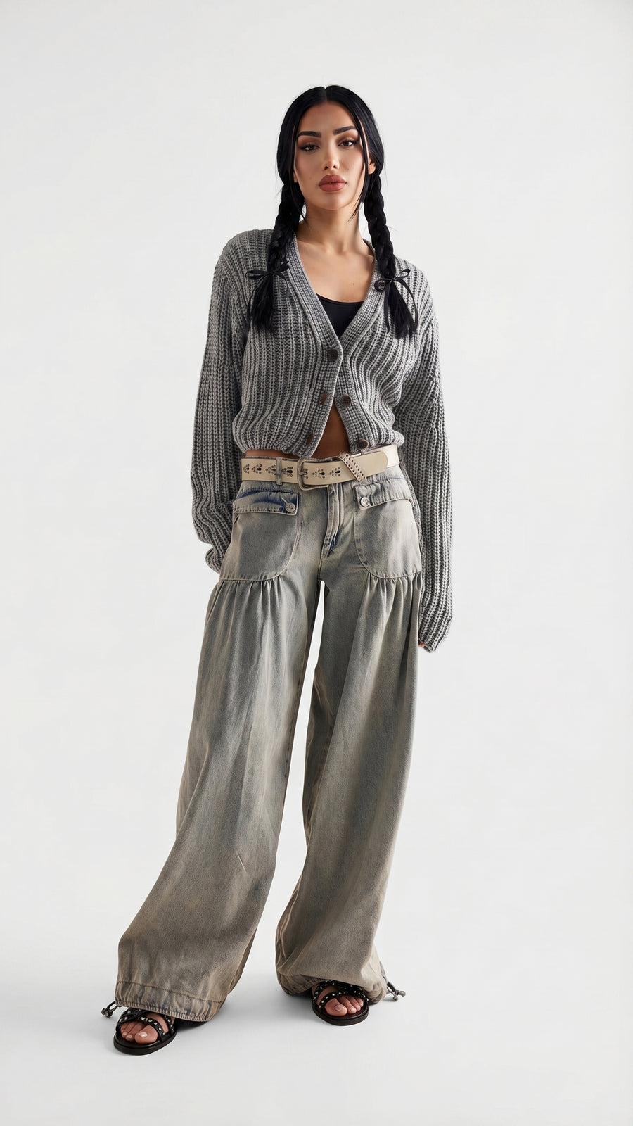 Salma: Pantalón baggy con bolsillos y lazada en el bajo en gris