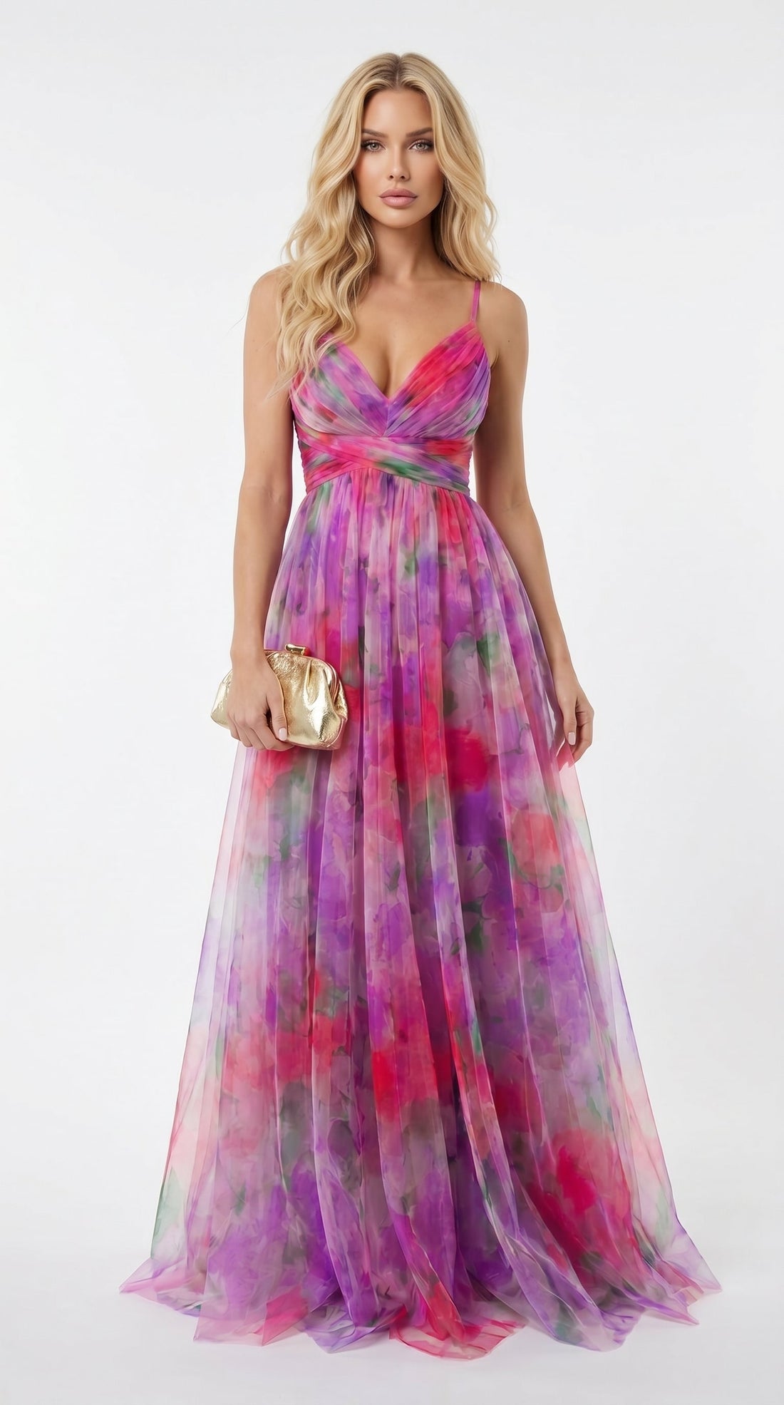 Gisela: Vestido floral multicolor de caída vaporosa en rosa