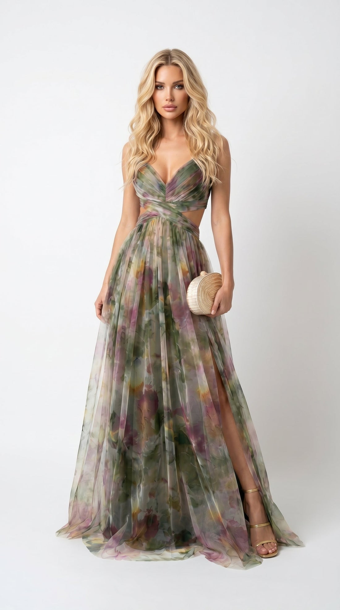 Gisela: Vestido floral multicolor de caída vaporosa en verde