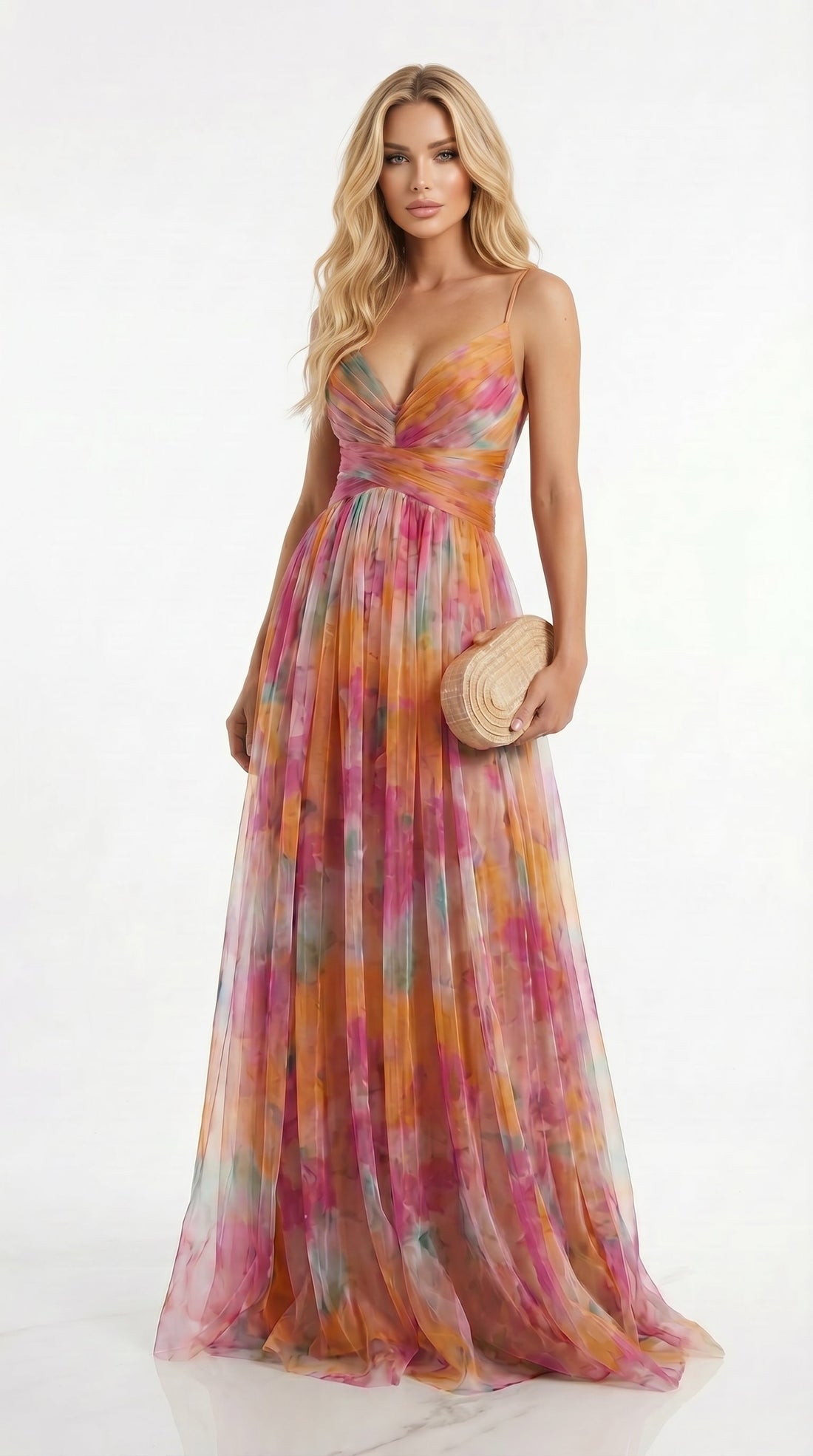Gisela: Vestido floral multicolor de caída vaporosa en naranja