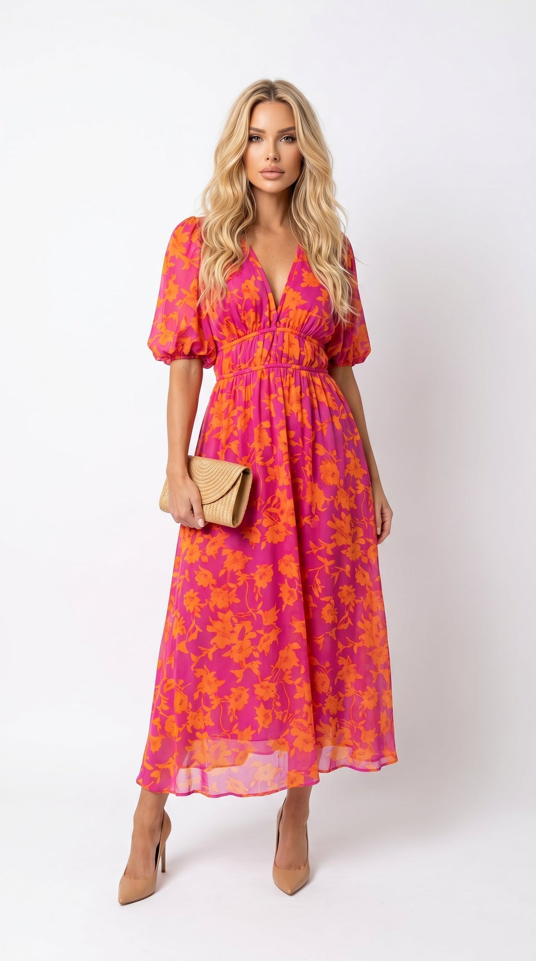 Olivia: Vestido midi con mangas abullonadas y cintura fruncida en naranja rosa