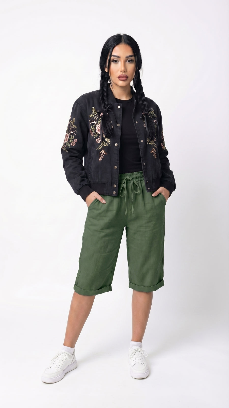 Mencía: Pantalón recto de tejido texturizado en verde