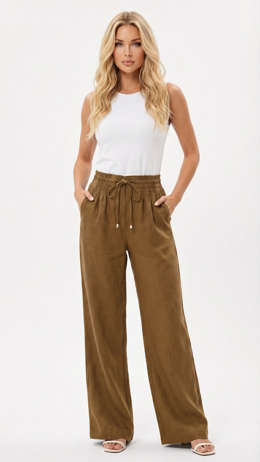 Ofelia: Pantalón ancho con cintura de nido de abeja en caqui