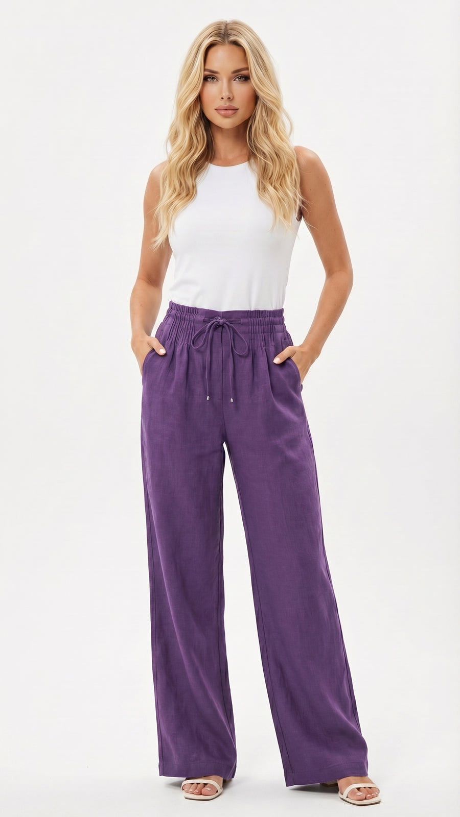 Ofelia: Pantalón ancho con cintura de nido de abeja en púrpura