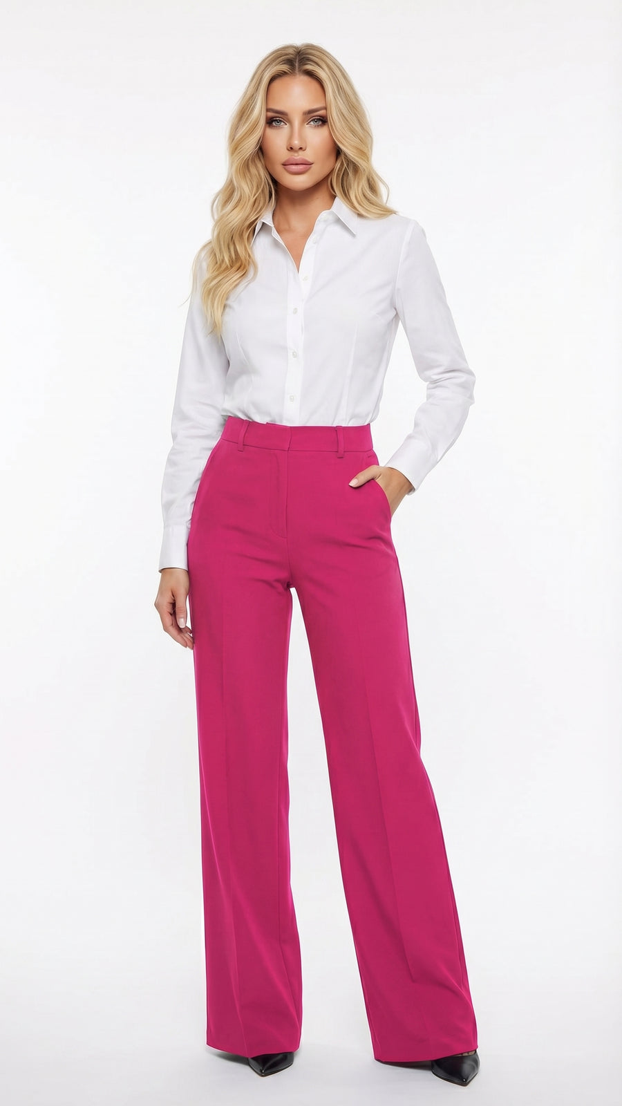 Romina: Pantalón de tiro alto y pierna extraancha en fucsia