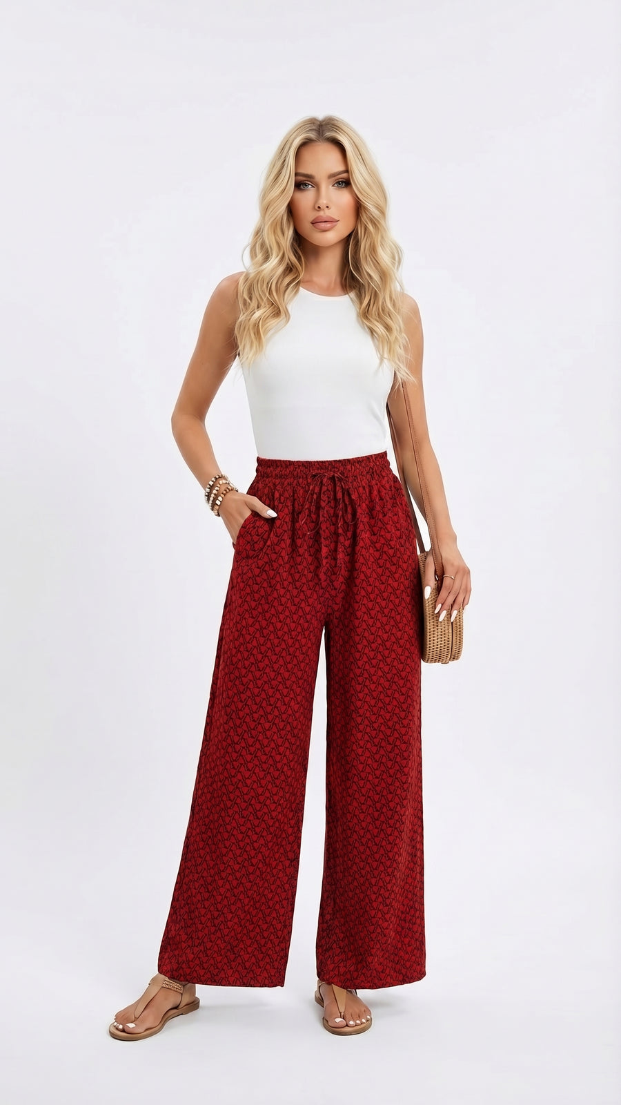 Samanta: Pantalón estampado de pierna abierta en rojo