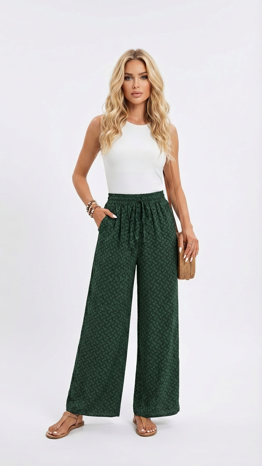 Samanta: Pantalón estampado de pierna abierta en verde