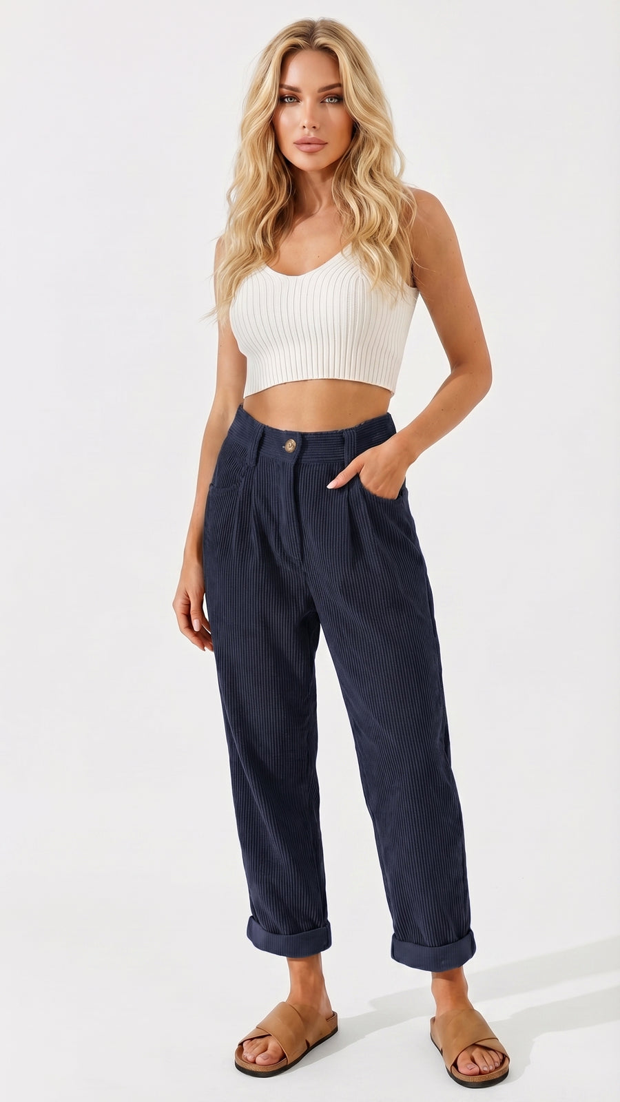 Sara: Pantalón de pana de pierna ancha en azul