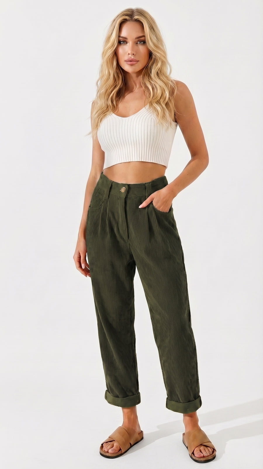 Sara: Pantalón de pana de pierna ancha en verde