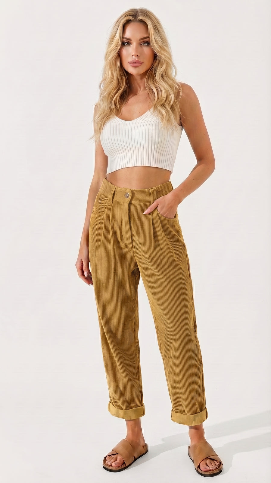 Sara: Pantalón de pana de pierna ancha en amarillo