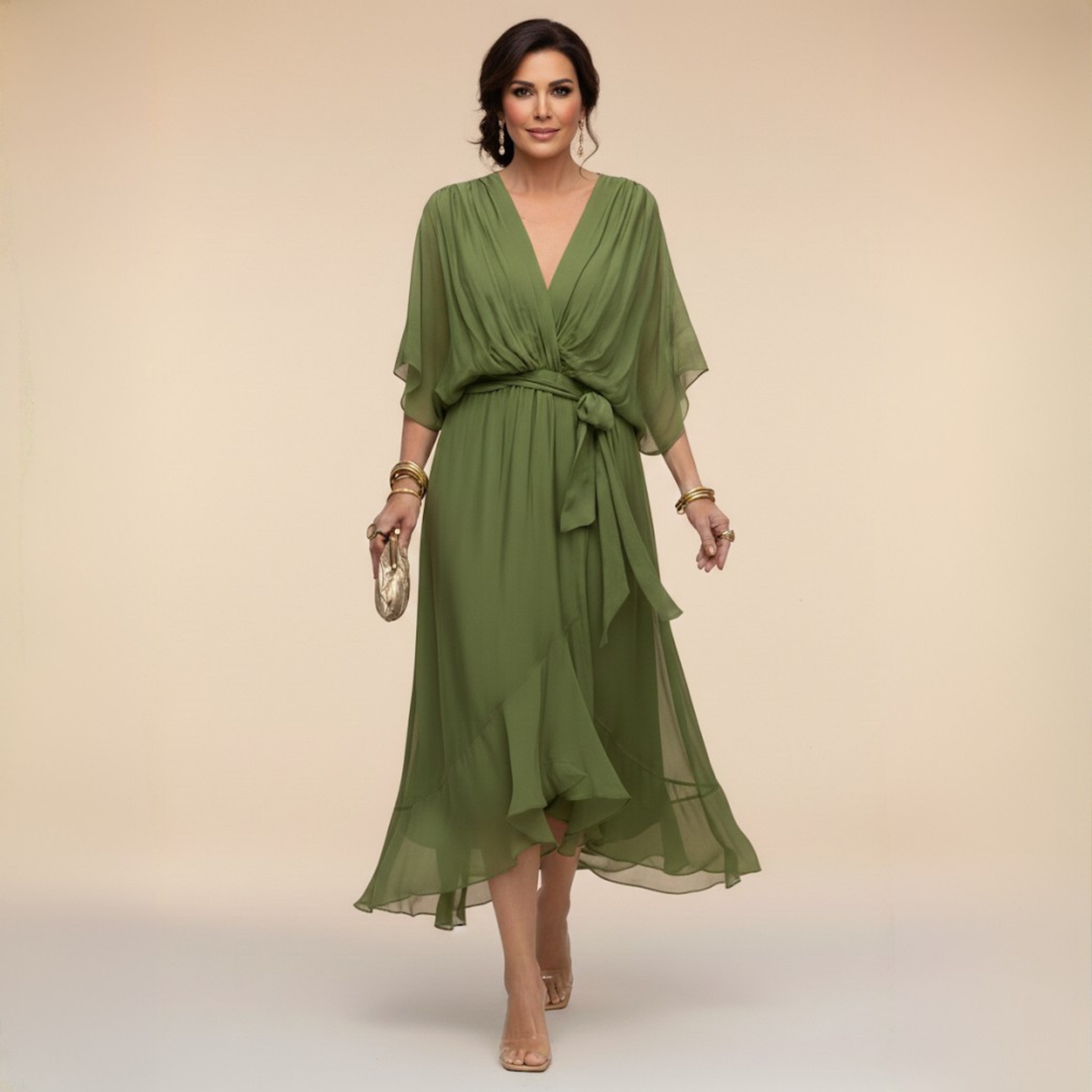 Aurora: Vestido midi fluido con escote en V y cintura ajustable en verde