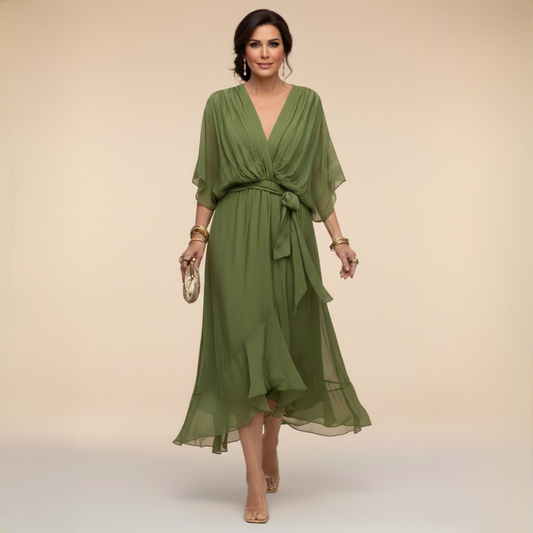 Aurora: Vestido midi fluido con escote en V y cintura ajustable en verde