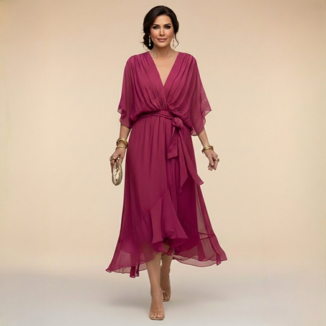 Aurora: Vestido midi fluido con escote en V y cintura ajustable en púrpura oscuro