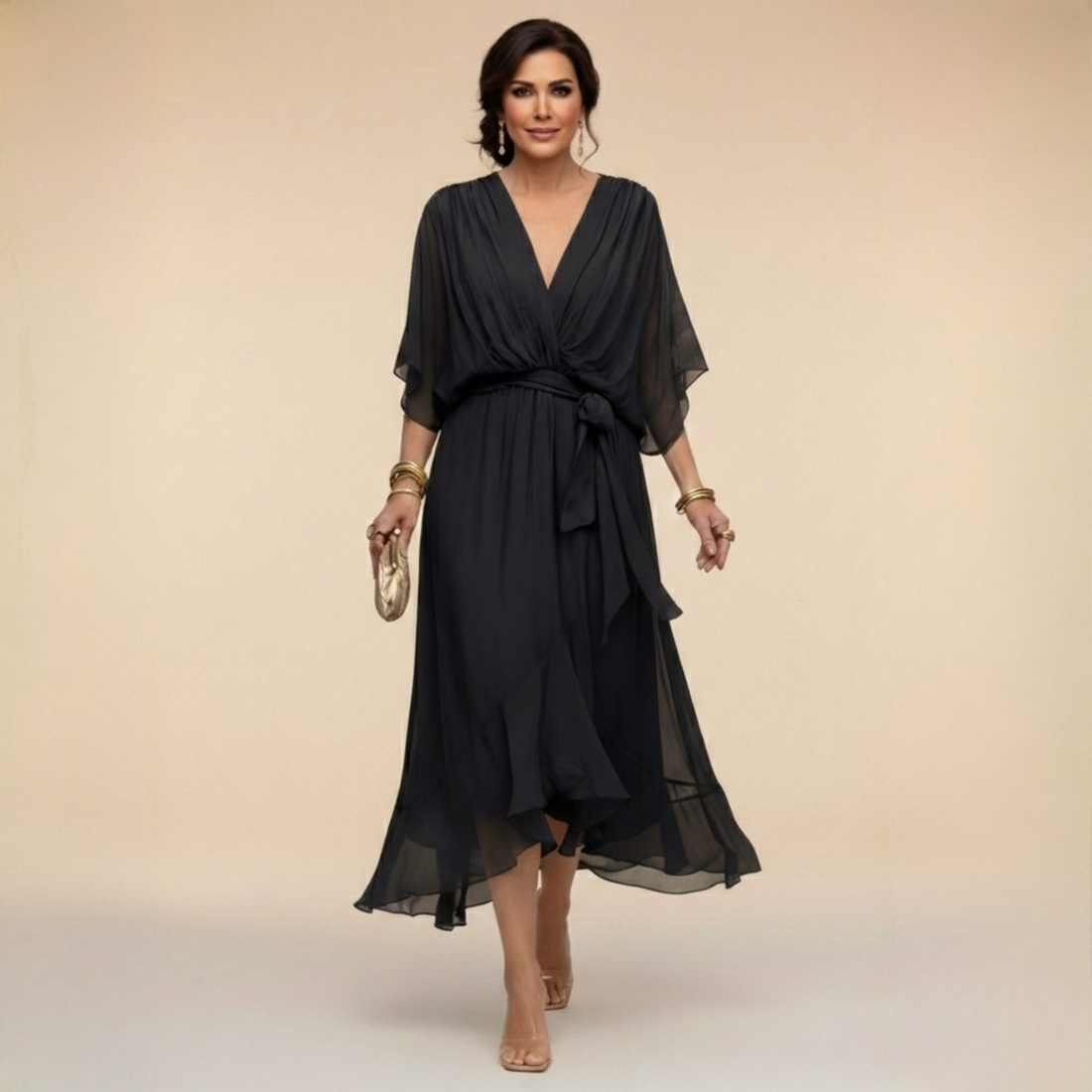 Aurora: Vestido midi fluido con escote en V y cintura ajustable en negro