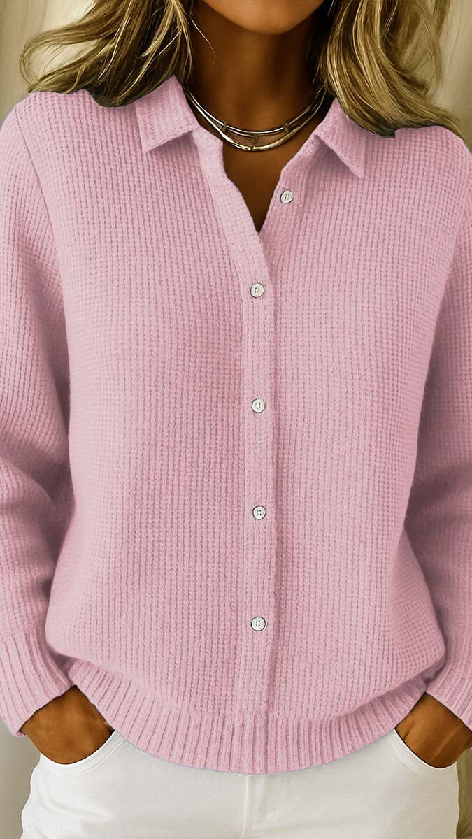 Virginia: Cárdigan de punto con botones y cuello camisero en rosa